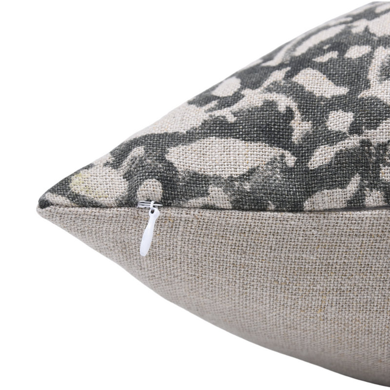Block Print Throw Pillow Cover, 29 Thick Linen Decorative Cushion Cover, 22" x 22", Square, Light Gray Floral 5