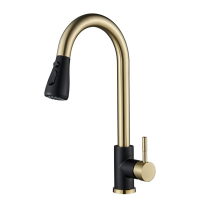 Matte Black & Brushed Gold Kitchen Sink Faucet Pull Out Sprayer Single Handle 3 Holes Mixer Tap with Cover -  Nabiyy, 8-LJPH2203Z-8Y