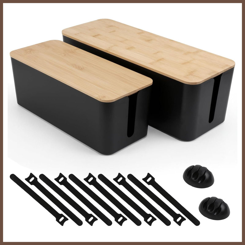 2 Pack Wooden Style Cable Management Box, TV Cord Hider for Power Strips, USB Hub & Desk Wire Organization