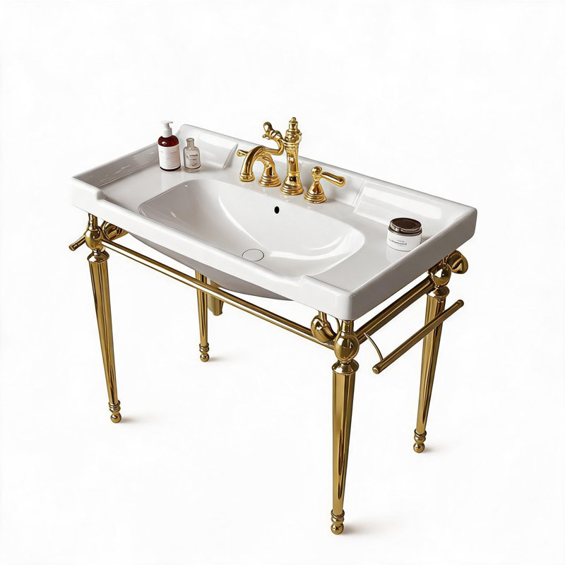 Console de lavabo mural en céramique dorée et blanche de 91 cm (36 po) avec pattes de support en acier inoxydable et porte-serviettes