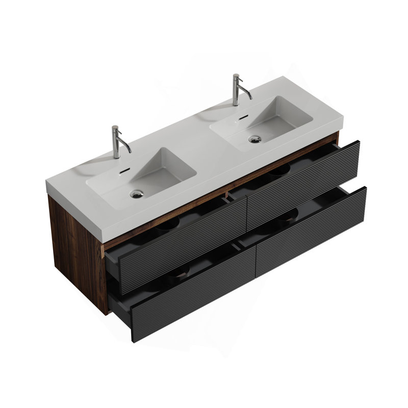 Meuble-lavabo de 60 po en noyer Grace avec lavabo à surface blanche brillante et tiroirs noirs doux, meuble-lavabo mural flottant, lavabo une pièce blanc brillant, pré-assemblé