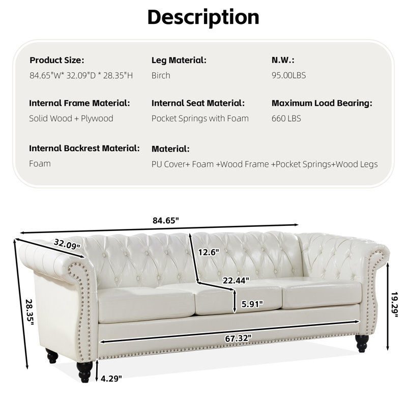 Annalena 84.65'' Faux Leather Sofa, White Faux Leather