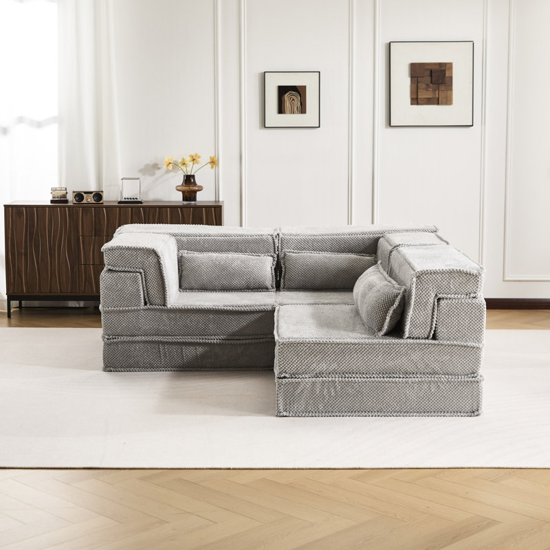 Canapé modulaire convertible gris Mahjong 3 places avec coussins, revêtement polaire circulaire, idéal pour les jeux de cartes et parfait pour le bureau
