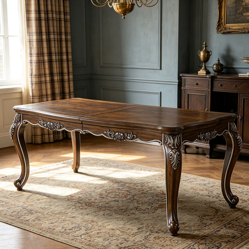 Table de salle à manger rectangulaire extensible Latisha Vintage 80-96 po – Finition chêne antique avec garniture argentée appliquée à la main, pieds et ceinture sculptés de motifs floraux, avec rallonge – Table de salle à manger pour la maison