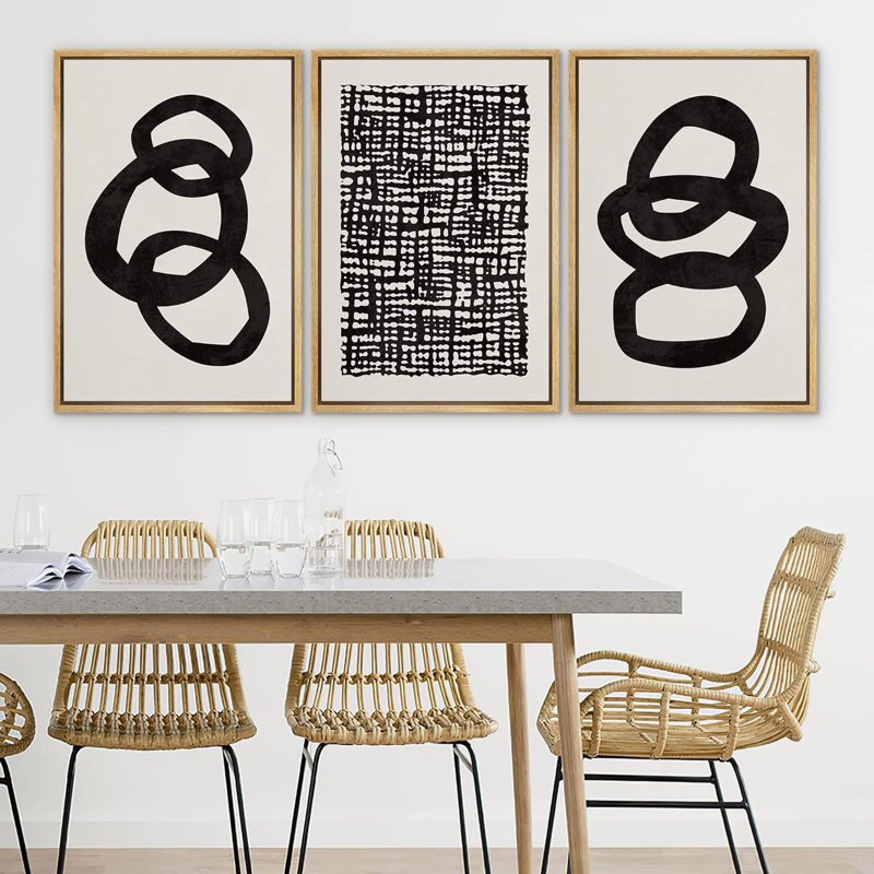 «Black Tan Ring Grid Circle Patterns Abstract Shapes Neutral Modern Art Decor Contemporary», 3 pièces, Naturel