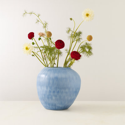 Ribbed Glass Vase With Abstract Pattern For Flower Arrangements - Modern Tall Vases Ideal For Tabletop Or Home Decor Display - Blue