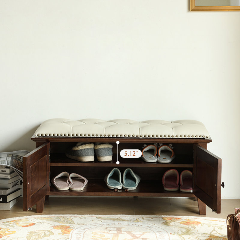  Banc de rangement pour chaussures en cuir de style rétro, Blanc / Noyer foncé
