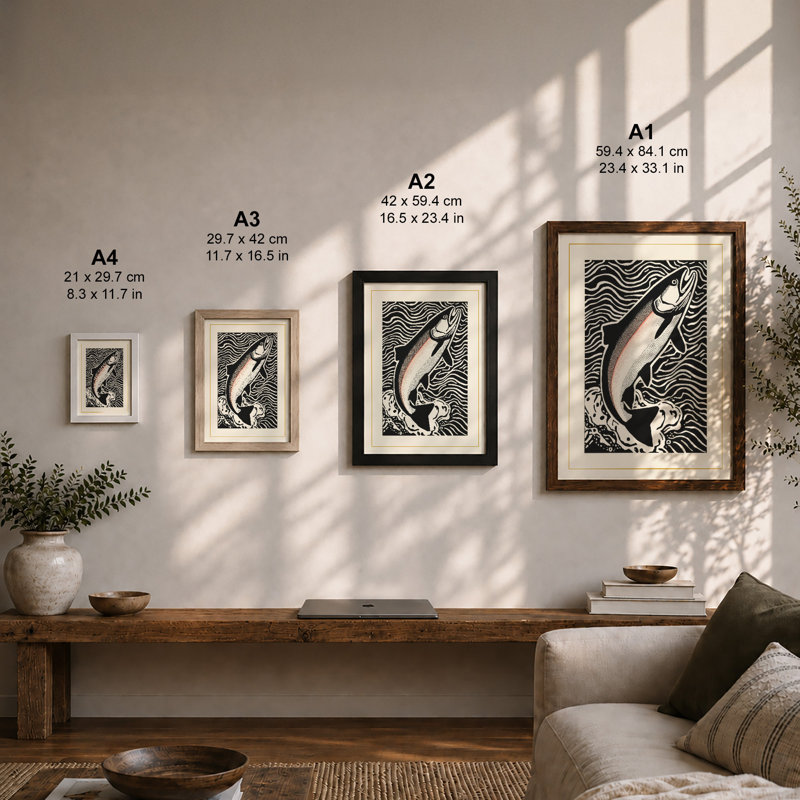 Leaping Fish Graphic Art - Framed Print, Unframed, A2 - 59.4 x 42.0 cm
