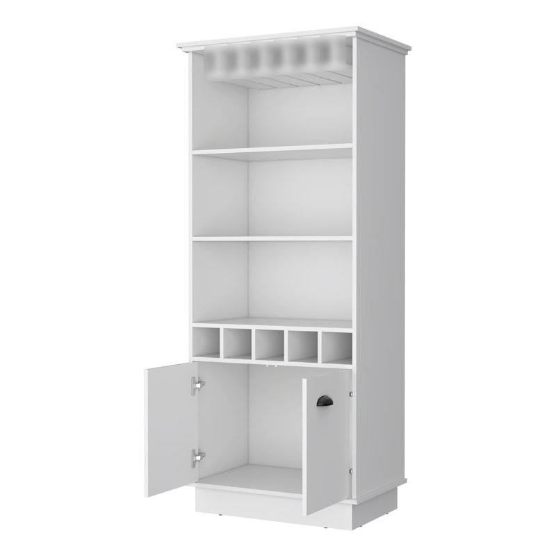White Bar Cabinet With Versatile Storage Solutions - 3 Shelves, 5 Bottle , Glassware Rack Feature Elegant Practical Space