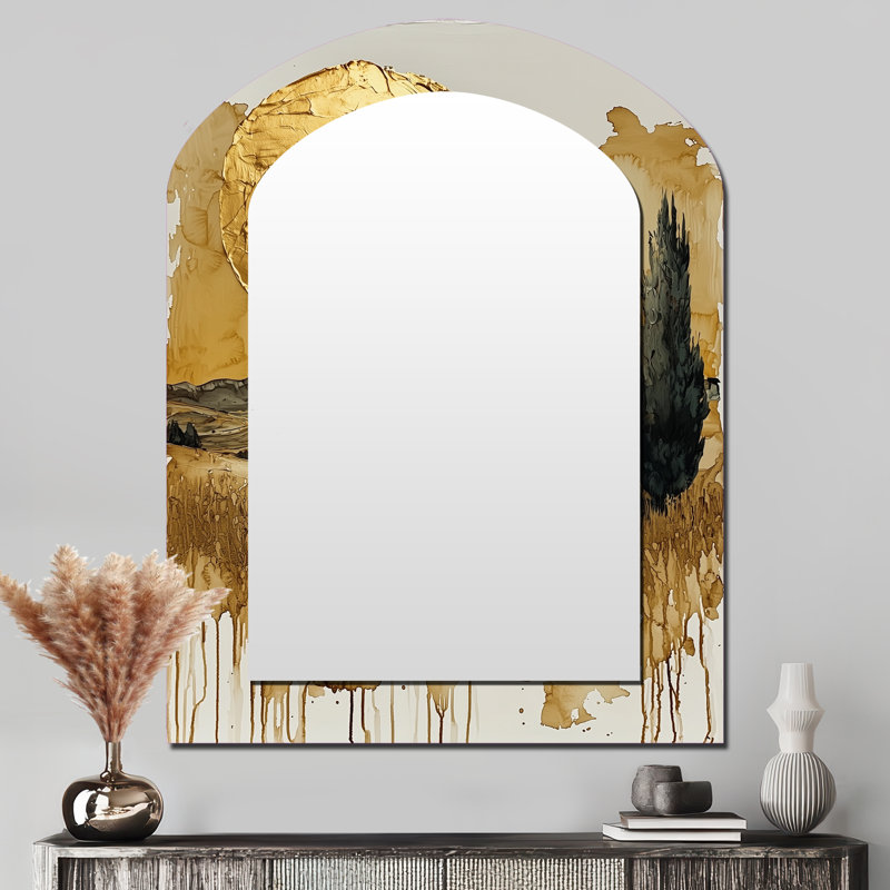 «Istanbul Gold Cappadocian Sunrise I - Miroir mural décoratif asymétrique, miroir en arc industriel, impression sur métal