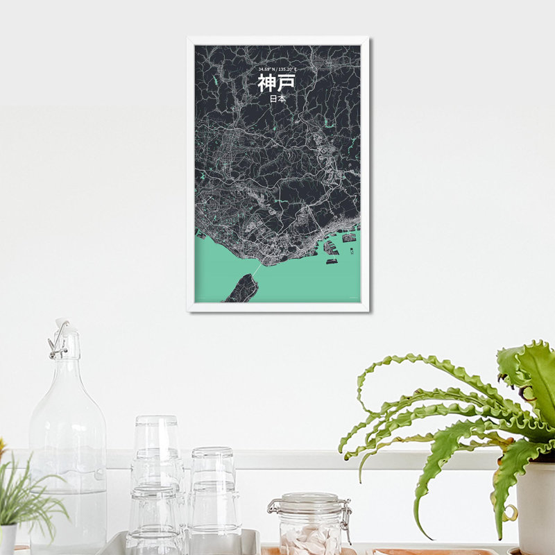 Kobe (japonais), impression de carte de la ville, H 17 po x l 11 po, Vert/gris