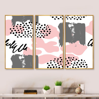 Pink And Gray Retro Polka Dot Clouds I - 3 Piece Floater Frame Print on Canvas