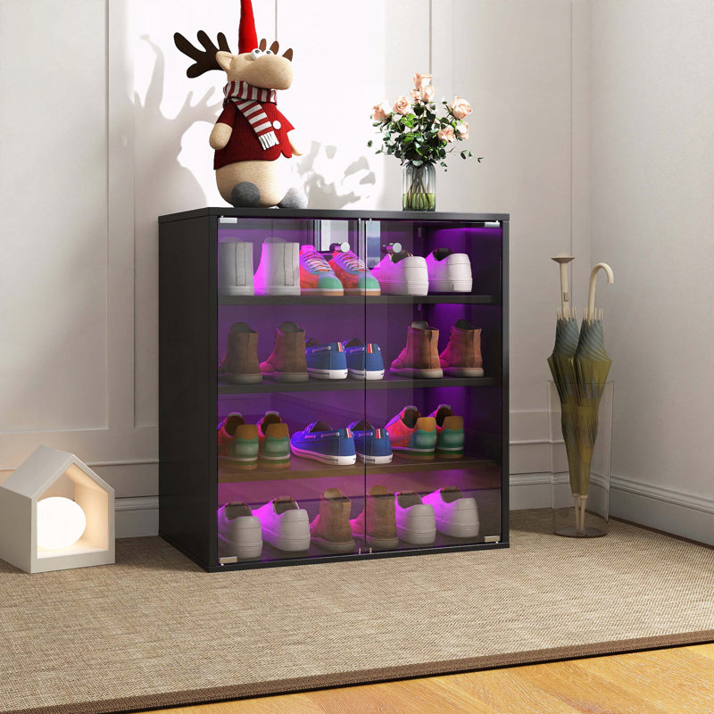 Boîte de rangement pour chaussures avec lumière DEL RVB et porte en verre, Noir