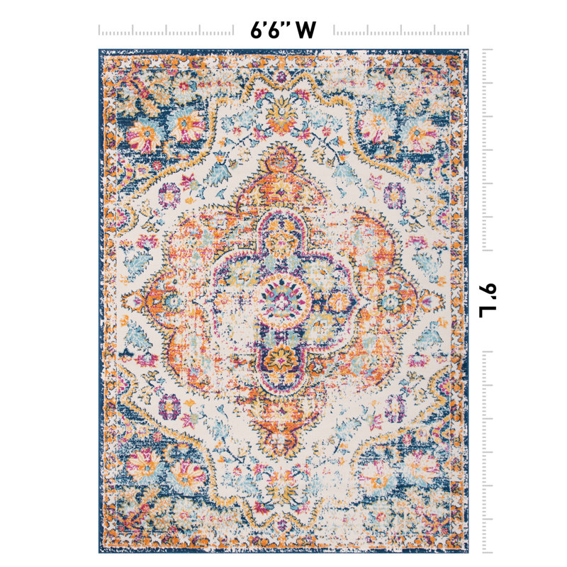 Beverly Oriental Orange/Blue/Cream Area Rug, Rectangle 6'6" x 9'