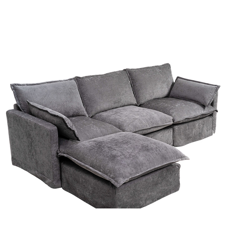 Canapé modulaire rembourré en L avec repose-pieds mobile Dancy, Lin gris
