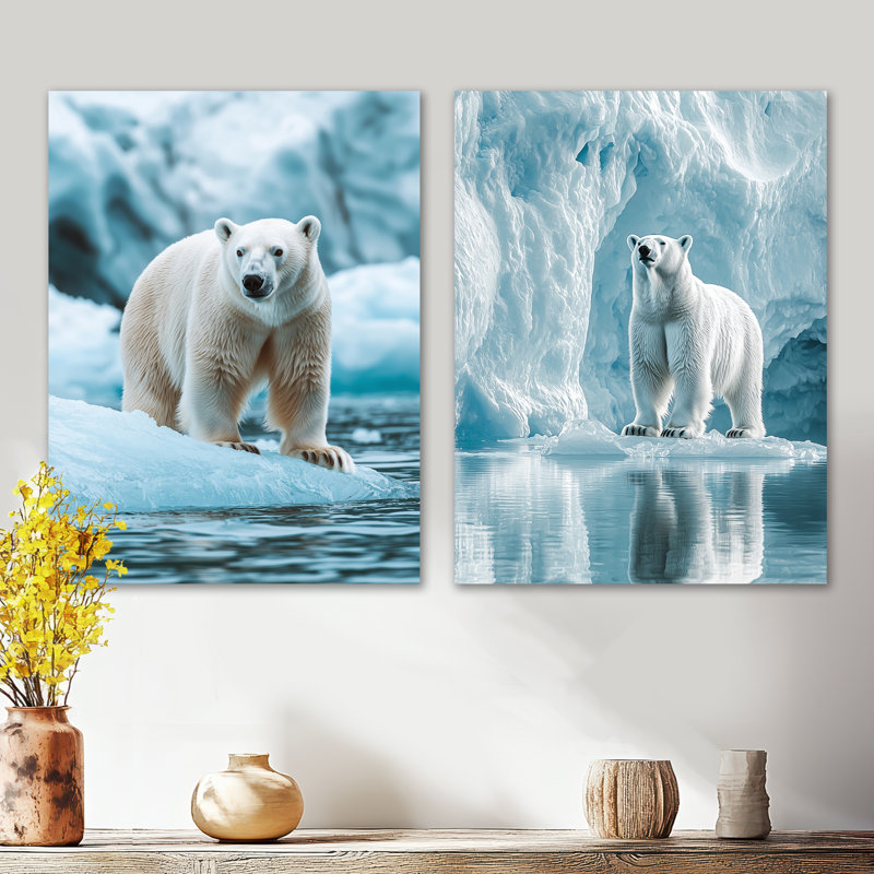 Ours polaire au bord de l'iceberg I - ensemble de 2 décorations murales en métal surdimensionné de la faune, 32" H x 48" W