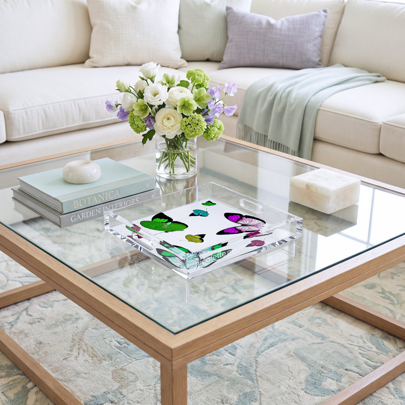 Butterflies Acrylic Square Decorative Tray, 12" W x 12" D x 2" H, Acid Green
