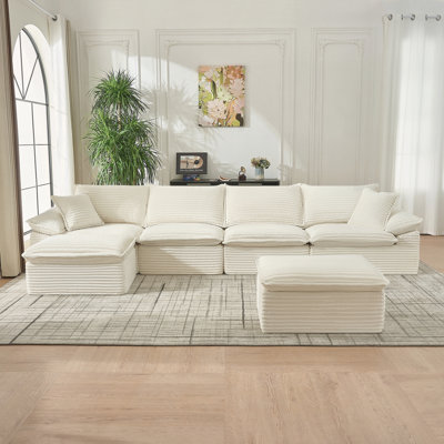 144" Sectional Sofa,Oversized Corduroy Cloud Couch with Movable Ottoman Soft Modern Comfy and No Assembly Sofa Set for Living Room Apartment Office