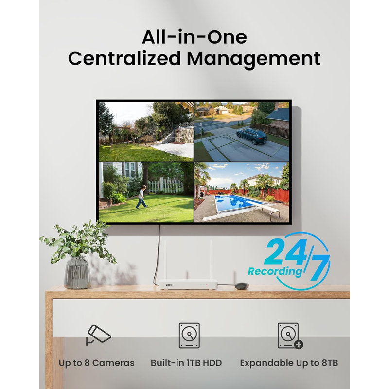 8CH 3K 5MP Security Camera System with 4pcs WIFI PTZ Cameras, Spotlight, AI Human Detection, 1TB HDD, Black