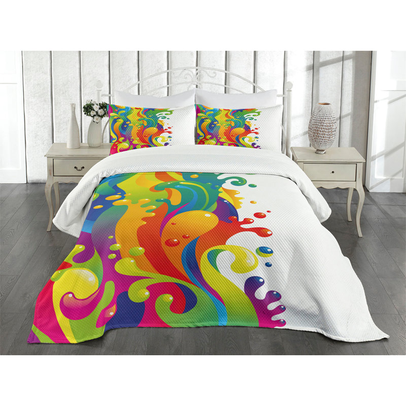 Psychedelic Rainbow Splash Queen Bedspread Set in White