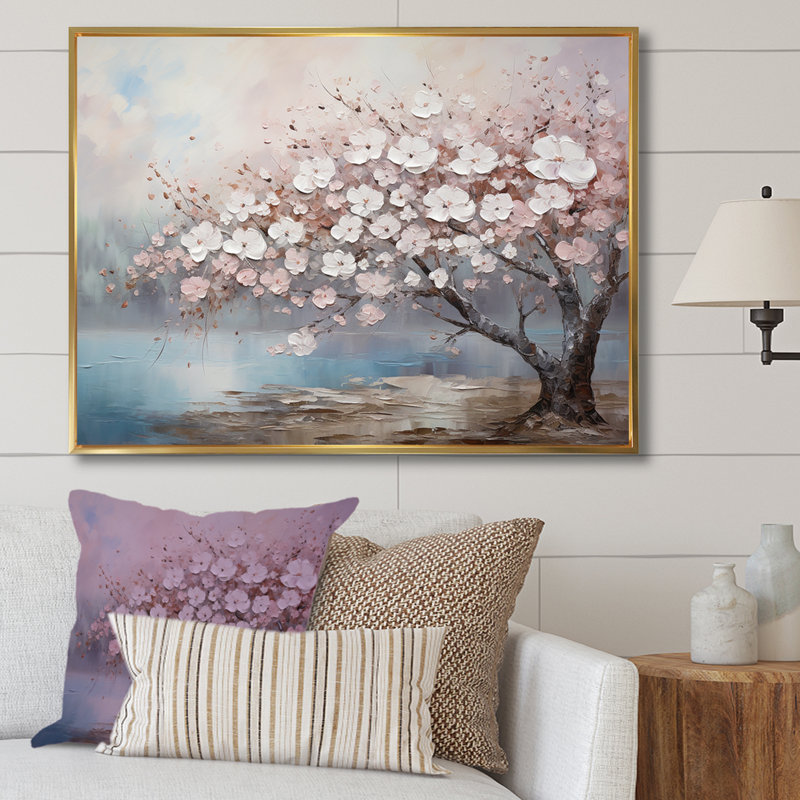 «Pink and Grey Cherry Blossom Charm I», art mural encadré de fleurs, H 34 po x l 44 po x P 1,5 po, Cadre flottant doré