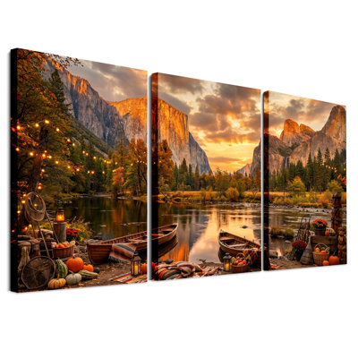 Rivière de montagne en automne avec bateaux en bois et ensemble de 3 tableaux sur toile