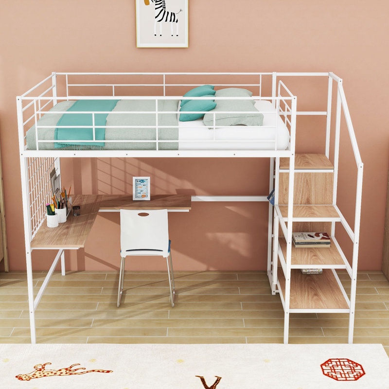 Metal Loft Bed With LED Lighting, Built-In Desk,Staircase, And Wardrobe, Full, White