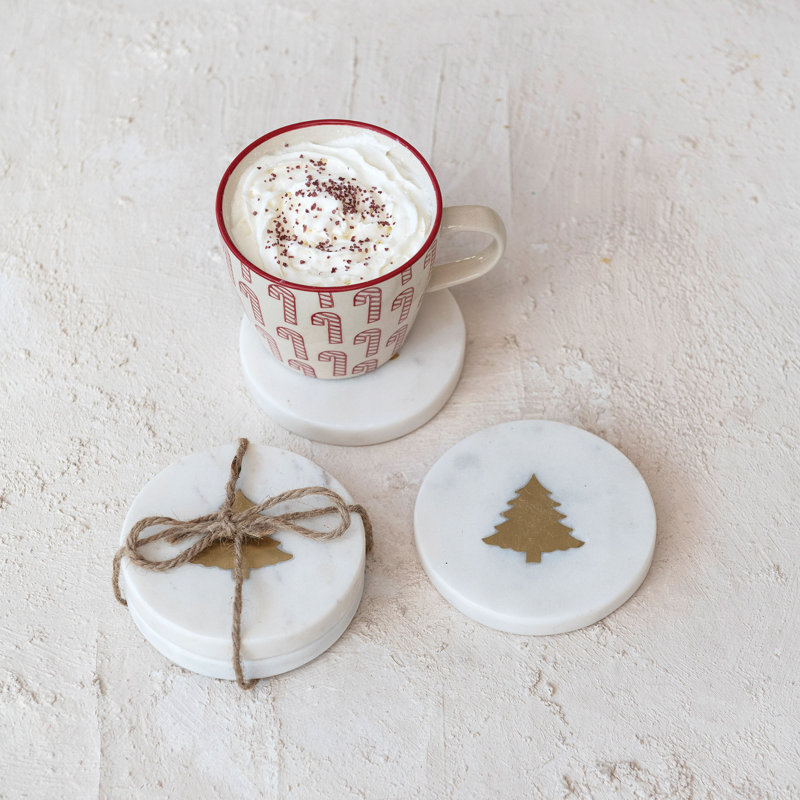 Sous-verres ronds en marbre avec incrustation d'arbre en laiton