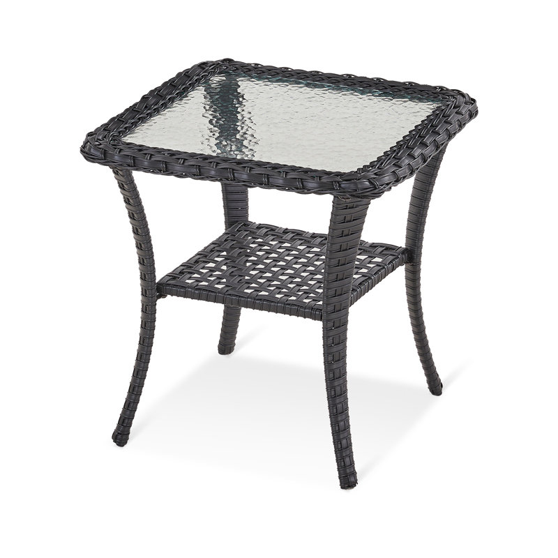 Table d'appoint d'extérieur en osier de patio brun avec plateau en verre, Black