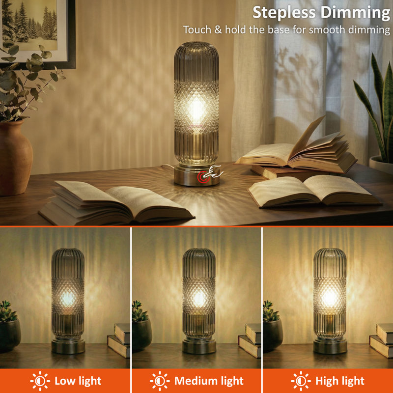 Lampe de table tactile en verre à ondulation avec base en laiton antique, Fumé