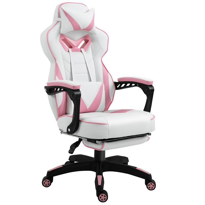 Inbox Zero Adjustable Ergonomic Faux Leather Swiveling PC & Racing Game Chair, White/Pink