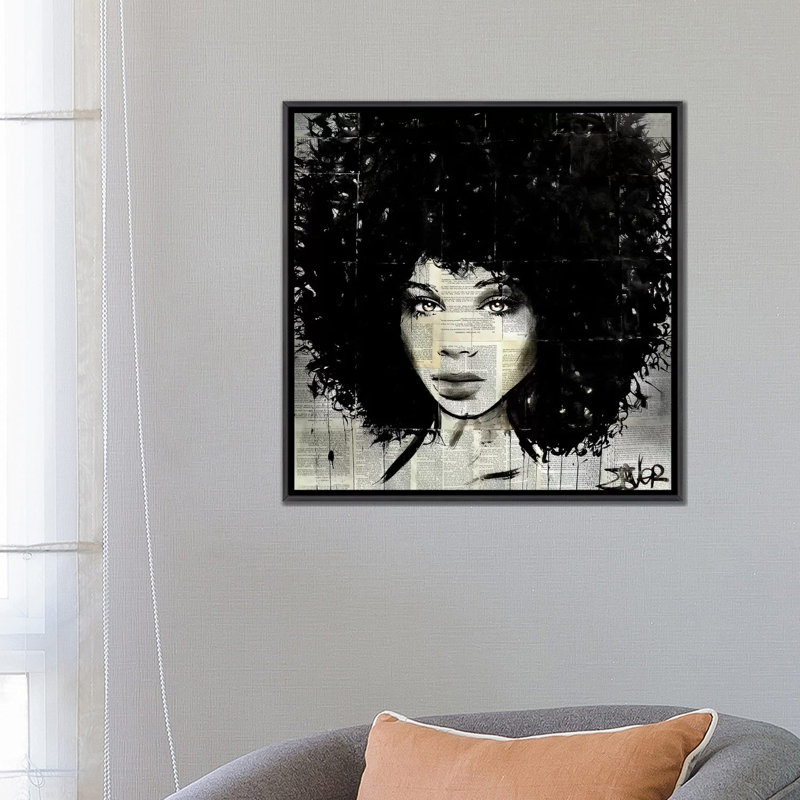 «Where It's At» par Loui Jover - impression d'art graphique, H 26 po x l 26 po x P 1,5 po, Toile avec cadre noir patiné