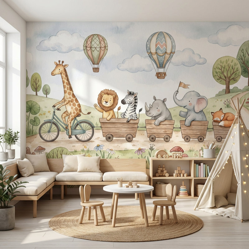 Animaux, paysage, dessin animé, décoration murale, 160 po x 108 po, Peler et coller