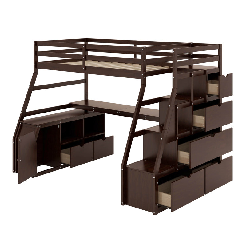 Lit mezzanine simple avec tiroirs et bureau, Espresso