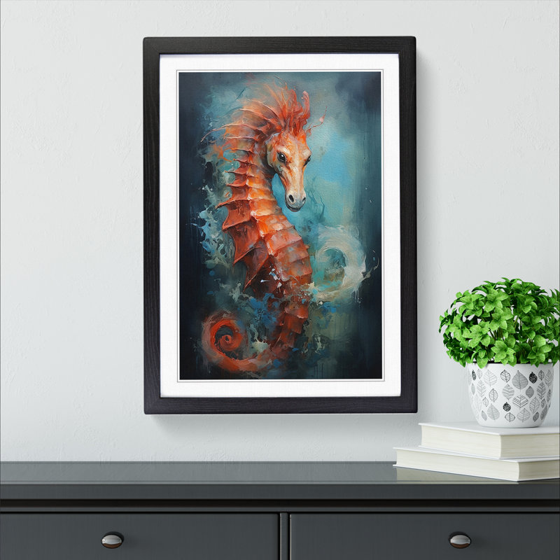 Seahorse Action Painting - Single Picture Frame Print on Wood, Black Framed, 64cm H x 46cm W