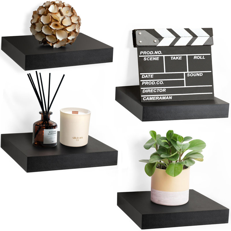 9" Square Tile Floating Shelves with Invisible Mounting Set of 4, Black