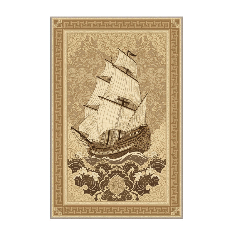 Machine Washable Vehicles And Transportation Historic Tall Ship Traditional Oriental Rug in Brown – Beige Binding, 7x9