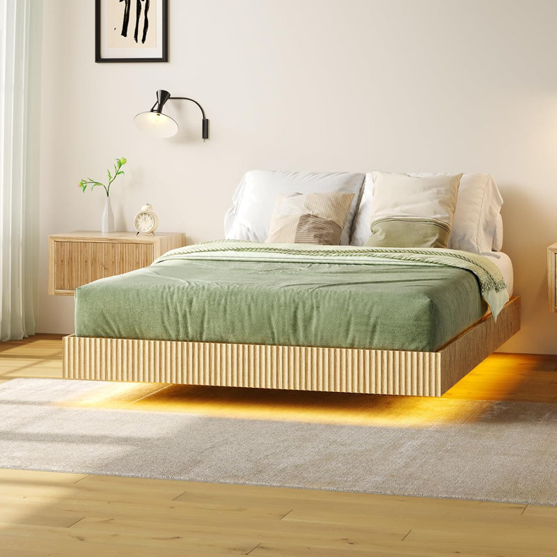 Natural Floating Bed Frame With Led Lights, Modern Fluted Oak Platform Bed Frame Floating, Heavy Duty Metal Slats, No Box Spring Required