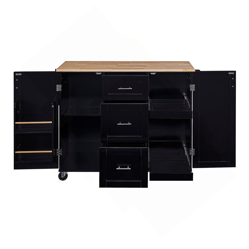 Rolling Kitchen Island With Storage, Kitchen Cart With Rubber Wood Top, Black
