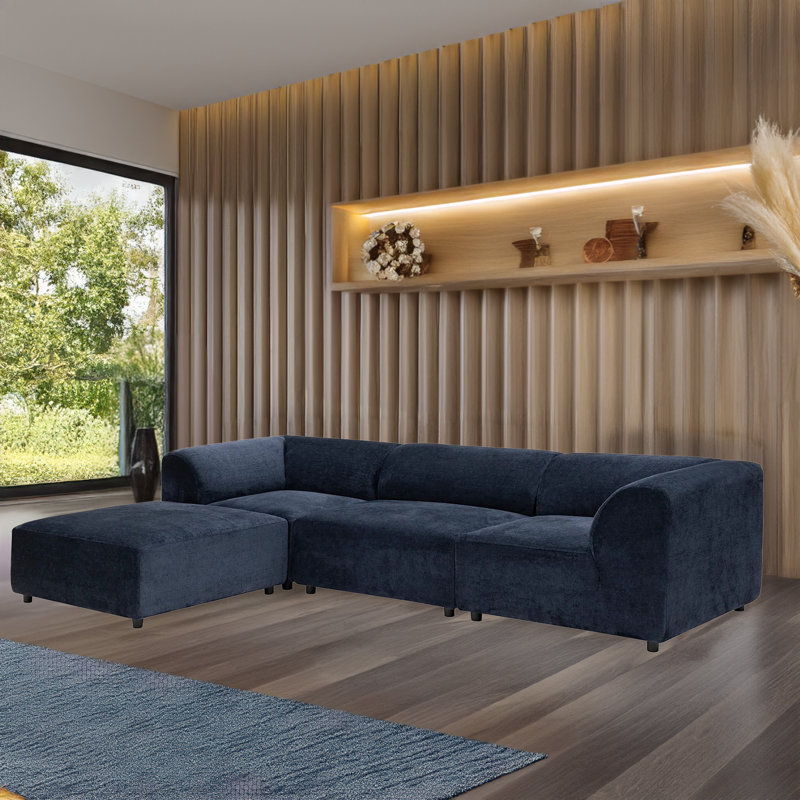 Canapé modulaire et méridienne avec pieds en bois, Bleu marine, Accoudoir à gauche (vu de face)