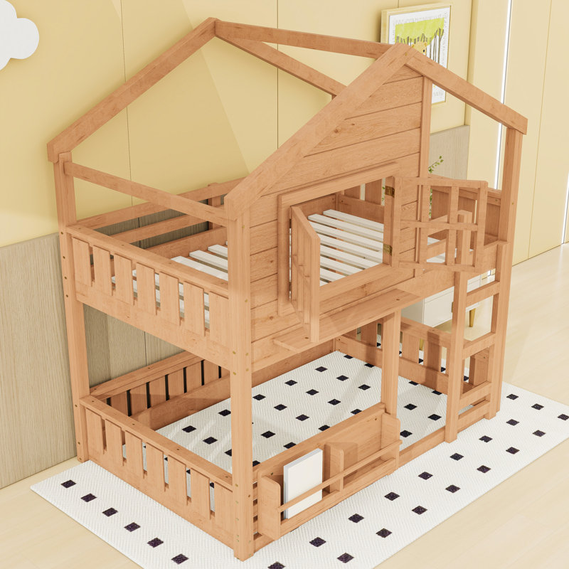 Wooden House-Shaped Bunk Bed With Window And Shelf, Full over Full, Natural