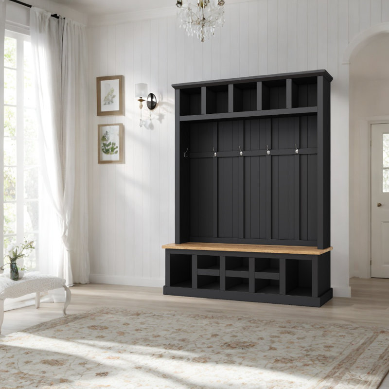 Calisto Hall Tree with Bench Entryway Shoe Cabinet with Hooks and Shoe Storage, Black