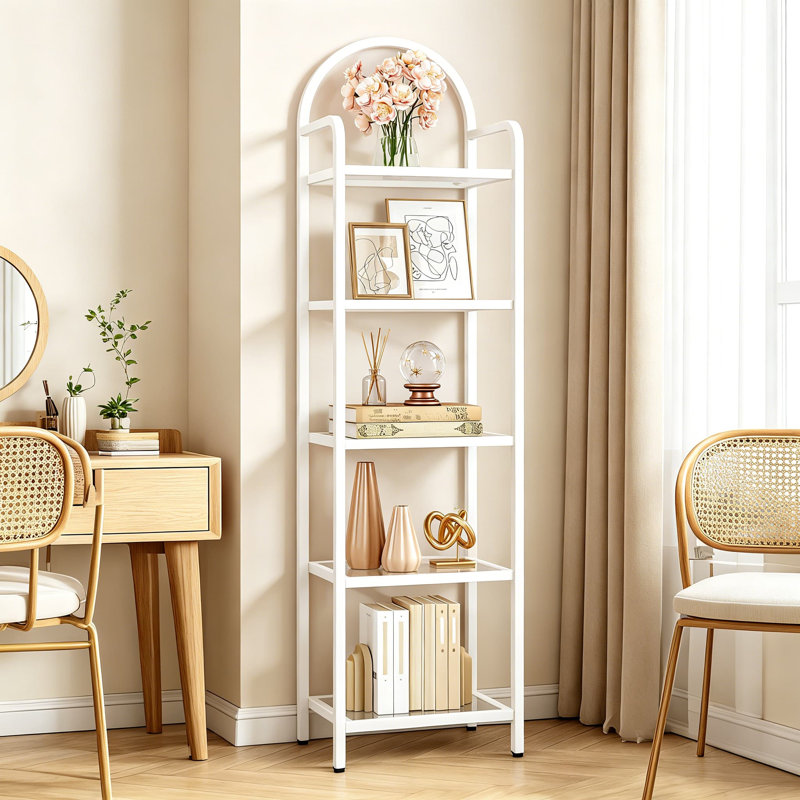 Bibliothèque à 5 niveaux avec tablettes en verre trempé, étagère de rangement mince pour chambre à coucher, salle de bain, bureau personnel, structure en acier