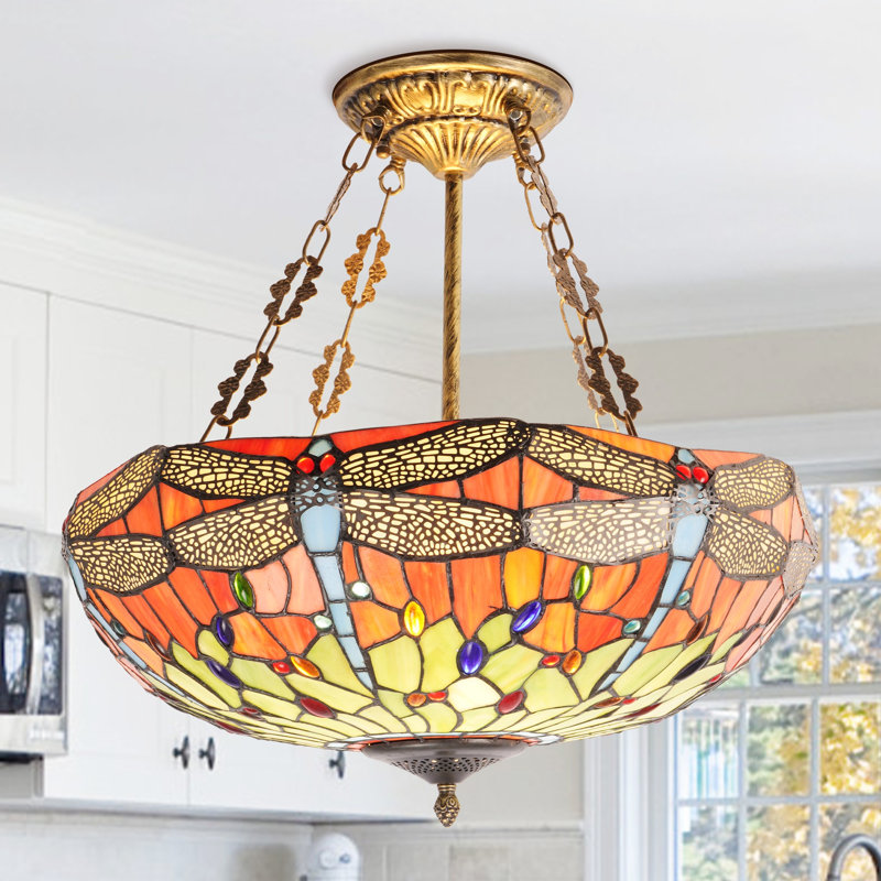 19.7-Inch Vintage Dragonfly Inverted Pendant Light (Antique Brass Finish, 5 E26 Bases, Wall Switch Control)
