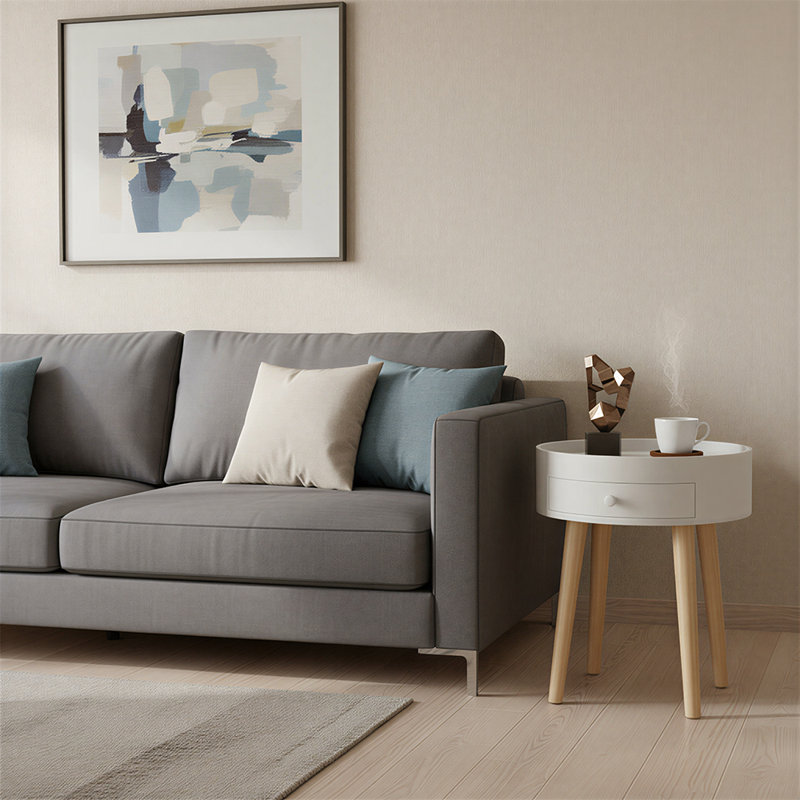 Table de bout blanche de 18 po avec tiroir de rangement et pieds en chêne, table de chevet moderne avec rangement