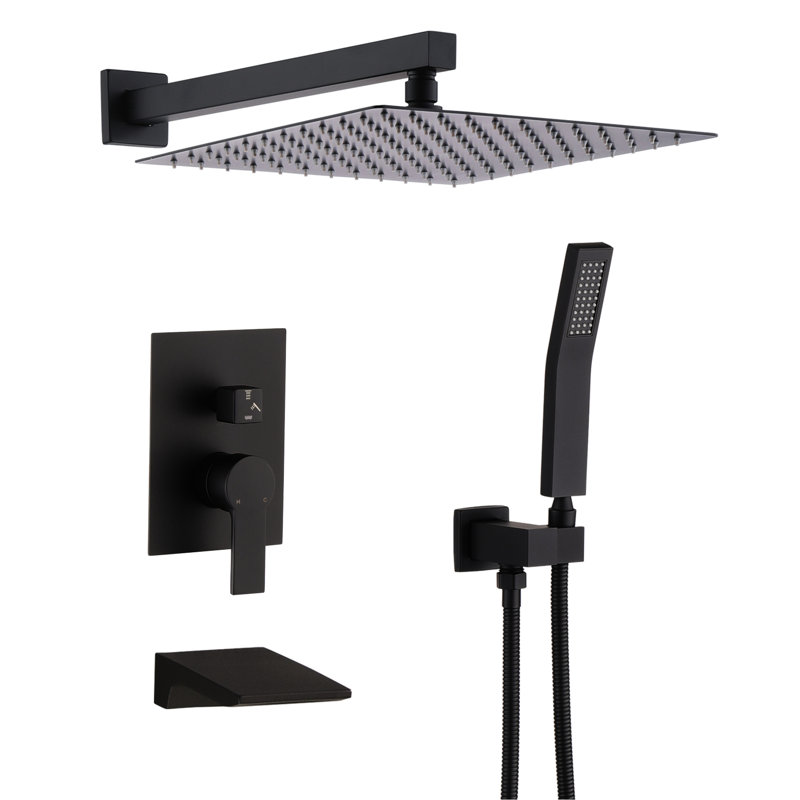 Système de douche pour salle de bain noir mat avec pomme de pluie 10 po et robinet équilibré - fixation murale, Noir mat
