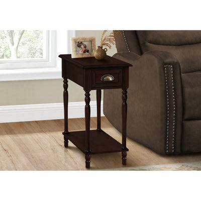 24 po Table d'appoint haute, placage brun pour la chambre à coucher et le salon, table d'appoint étroite avec rangement, 2 niveaux, tablette inférieure classique, tiroir de rangement,