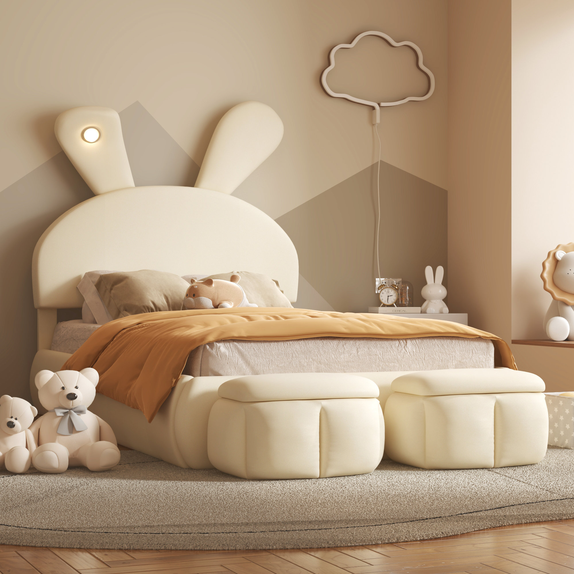 Twin Size Platform Bed with Bear Ears Headboard & LED Lighting