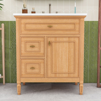 Bathroom Vanity Cabinet with Ceramic Sink, 3 Drawers and Adjustable Shelf