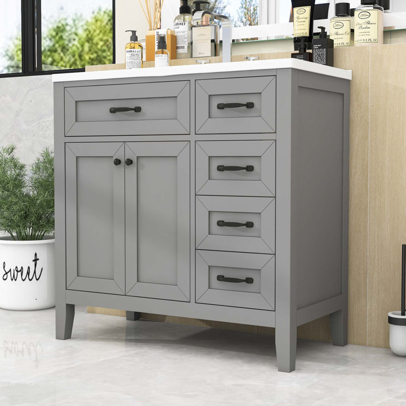 Ensemble de meuble-lavabo simple autoportant avec comptoir en céramique et grand rangement Cliftina, Gris